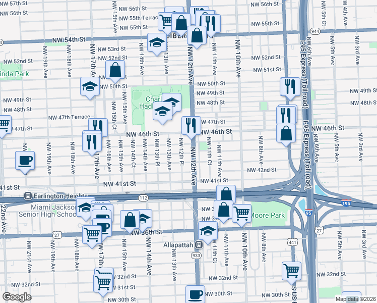 map of restaurants, bars, coffee shops, grocery stores, and more near 1245 Northwest 45th Street in Miami