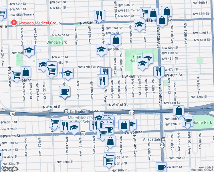 map of restaurants, bars, coffee shops, grocery stores, and more near 4500 Northwest 17th Avenue in Miami