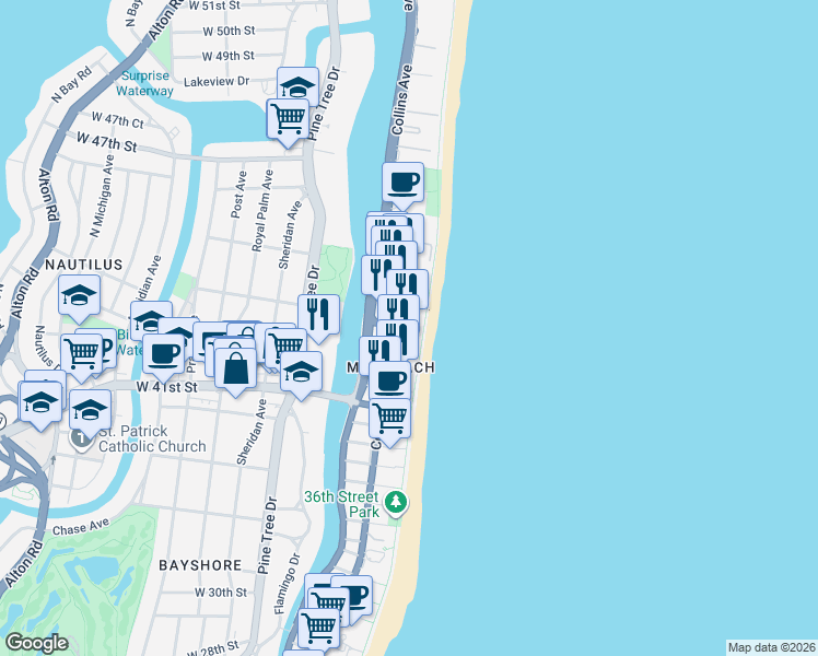 map of restaurants, bars, coffee shops, grocery stores, and more near 4370 Collins Avenue in Miami Beach