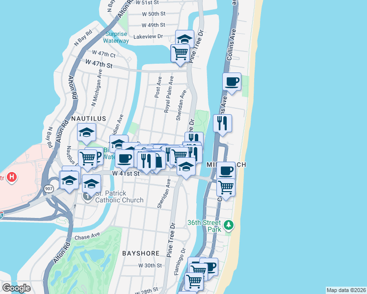 map of restaurants, bars, coffee shops, grocery stores, and more near 4349 Sheridan Avenue in Miami Beach
