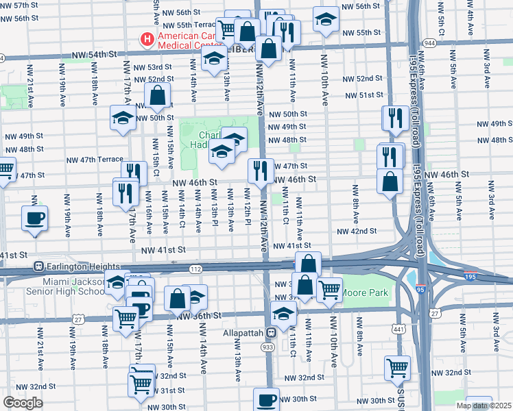 map of restaurants, bars, coffee shops, grocery stores, and more near 1245 Northwest 45th Street in Miami
