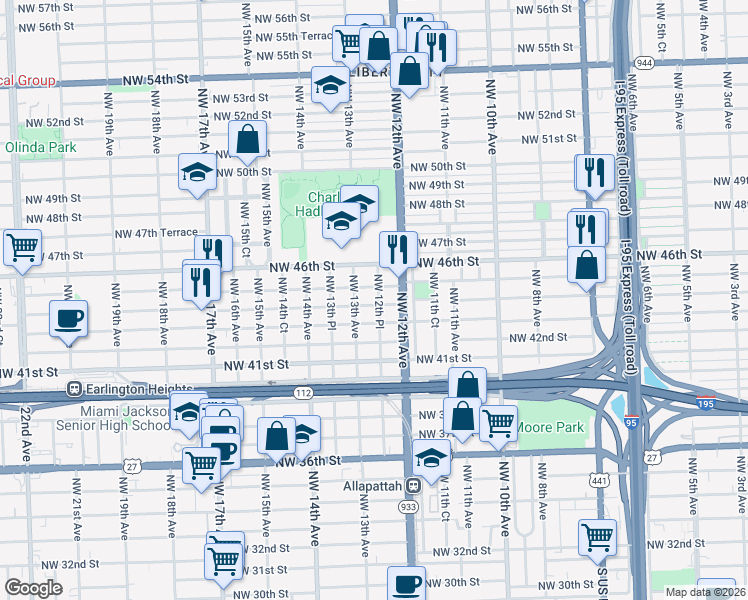 map of restaurants, bars, coffee shops, grocery stores, and more near 1245 Northwest 45th Street in Miami