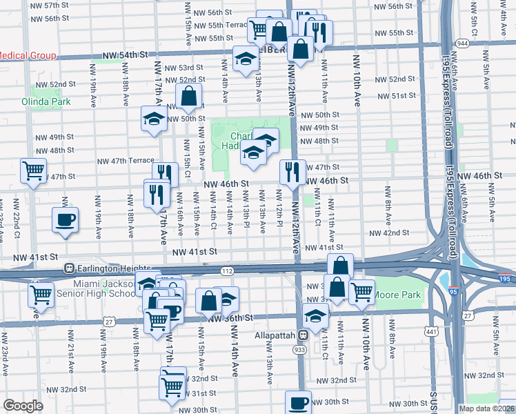 map of restaurants, bars, coffee shops, grocery stores, and more near 1321 Northwest 45th Street in Miami