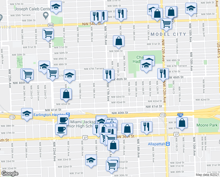 map of restaurants, bars, coffee shops, grocery stores, and more near 4500 Northwest 17th Avenue in Miami