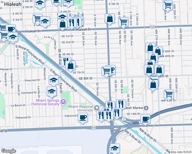 map of restaurants, bars, coffee shops, grocery stores, and more near 731 Southeast 7th Place in Hialeah