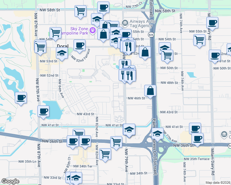 map of restaurants, bars, coffee shops, grocery stores, and more near 4620 Northwest 79th Avenue in Doral