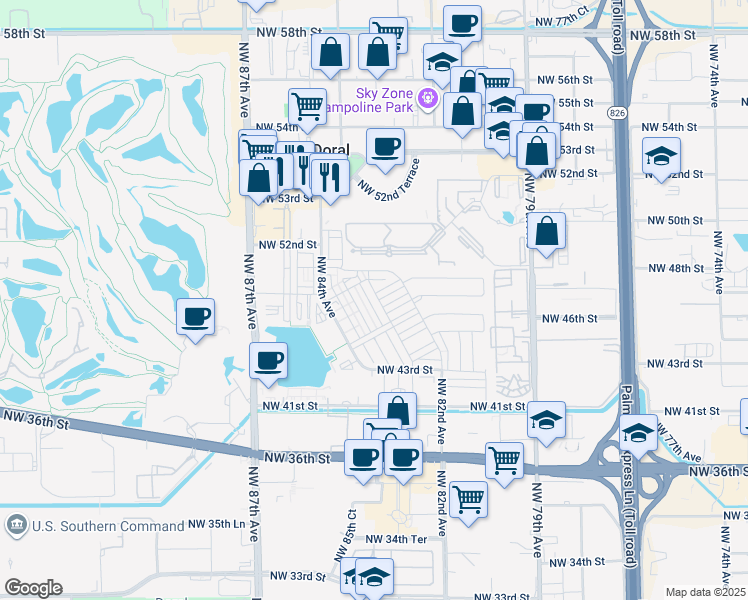 map of restaurants, bars, coffee shops, grocery stores, and more near 4834 Northwest 83rd Avenue in Doral