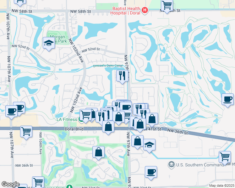 map of restaurants, bars, coffee shops, grocery stores, and more near 9764 Northwest 47th Terrace in Doral