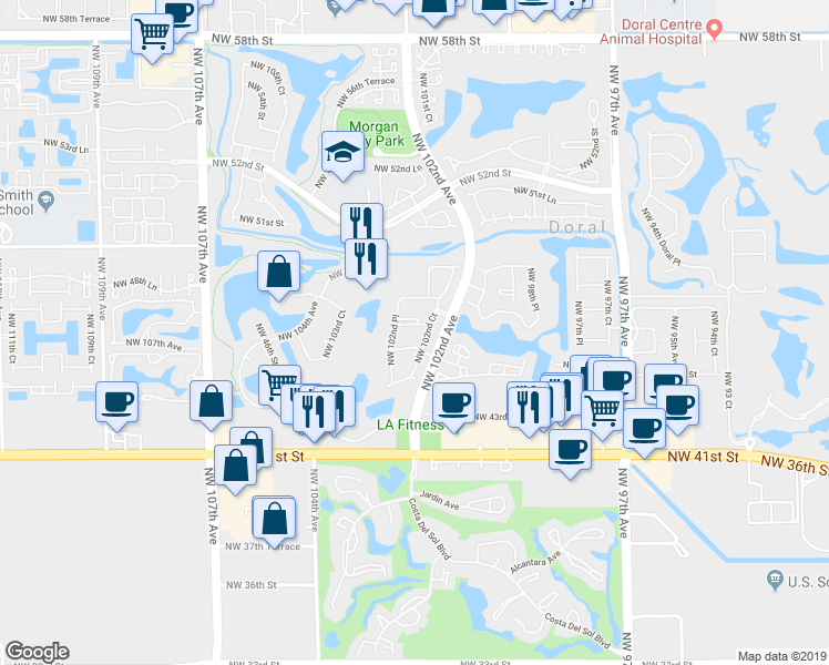 map of restaurants, bars, coffee shops, grocery stores, and more near 4710 Northwest 102nd Avenue in Doral
