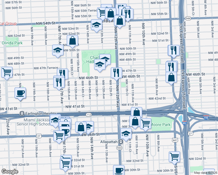 map of restaurants, bars, coffee shops, grocery stores, and more near 1245 Northwest 45th Street in Miami