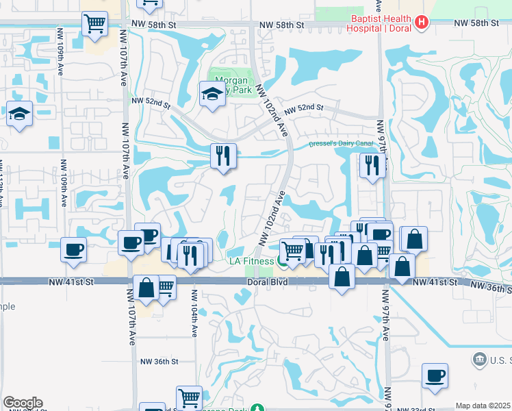 map of restaurants, bars, coffee shops, grocery stores, and more near 4710 Northwest 102nd Avenue in Doral