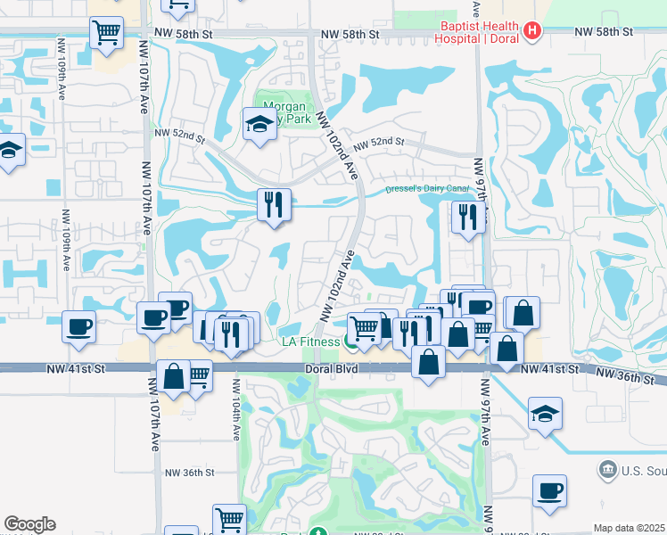 map of restaurants, bars, coffee shops, grocery stores, and more near 4710 Northwest 102nd Avenue in Doral
