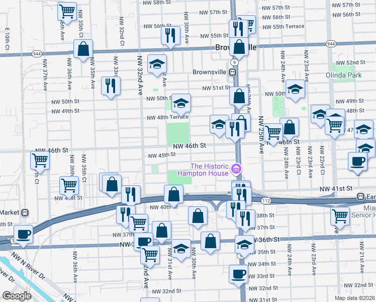 map of restaurants, bars, coffee shops, grocery stores, and more near 3050 Northwest 46th Street in Miami
