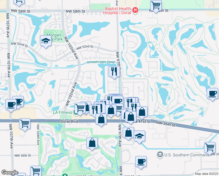 map of restaurants, bars, coffee shops, grocery stores, and more near 9764 Northwest 47th Terrace in Doral