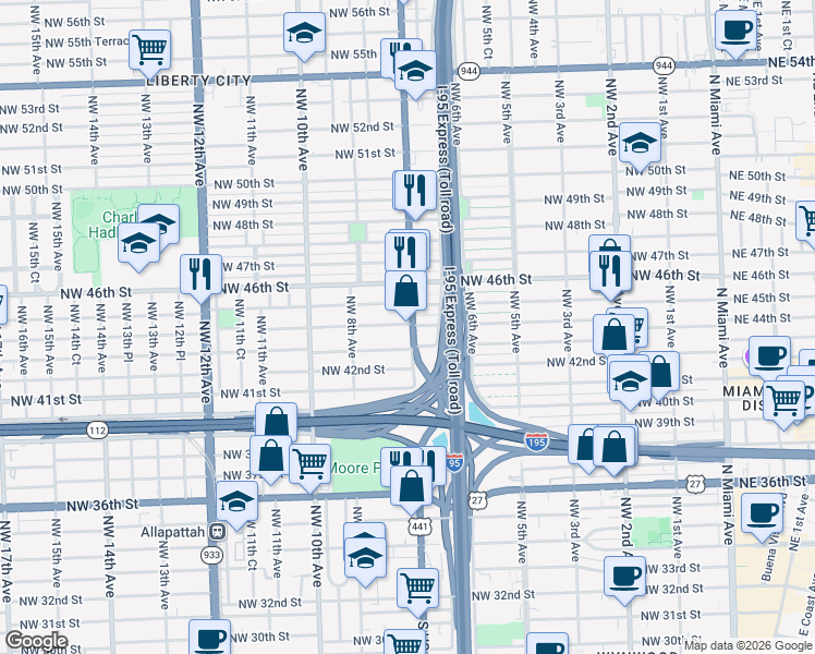 map of restaurants, bars, coffee shops, grocery stores, and more near 4420 Northwest 7th Avenue in Miami