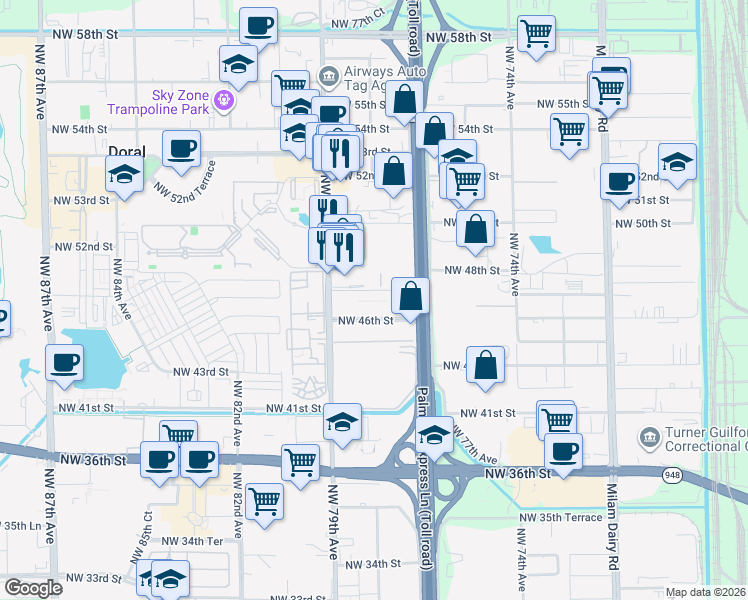 map of restaurants, bars, coffee shops, grocery stores, and more near 7705 Northwest 48th Street in Doral