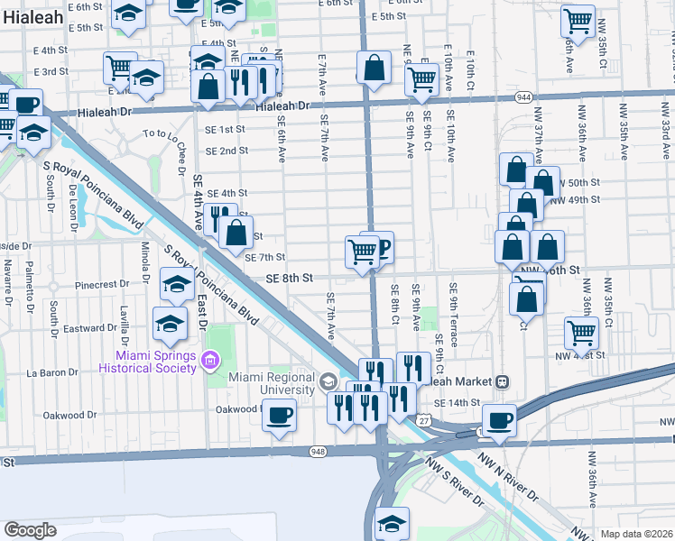 map of restaurants, bars, coffee shops, grocery stores, and more near 731 Southeast 7th Place in Hialeah