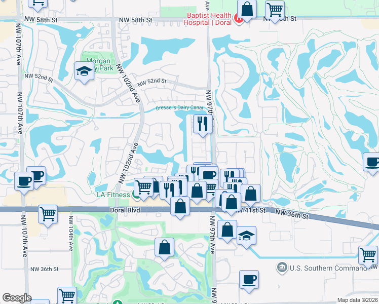map of restaurants, bars, coffee shops, grocery stores, and more near 9764 Northwest 47th Terrace in Doral