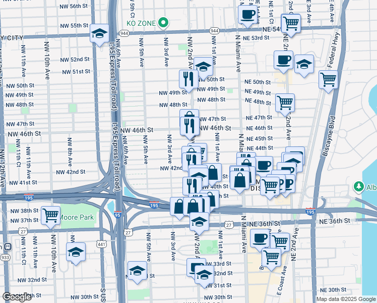 map of restaurants, bars, coffee shops, grocery stores, and more near 231 Northwest 44th Street in Miami
