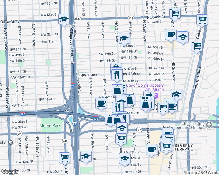 map of restaurants, bars, coffee shops, grocery stores, and more near 231 Northwest 44th Street in Miami