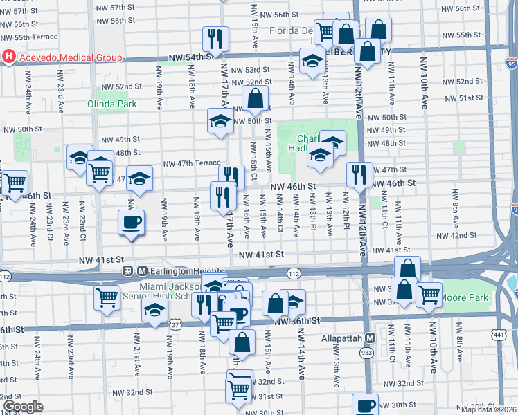 map of restaurants, bars, coffee shops, grocery stores, and more near 4515 Northwest 16th Avenue in Miami