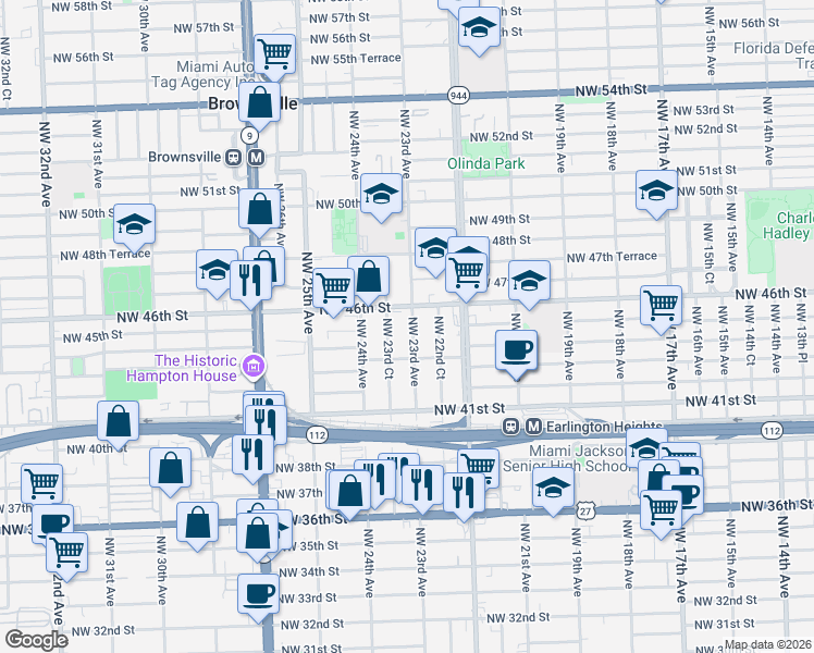 map of restaurants, bars, coffee shops, grocery stores, and more near 4590 Northwest 23rd Court in Miami