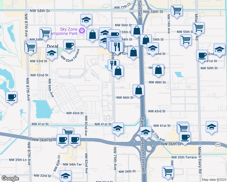 map of restaurants, bars, coffee shops, grocery stores, and more near in Doral