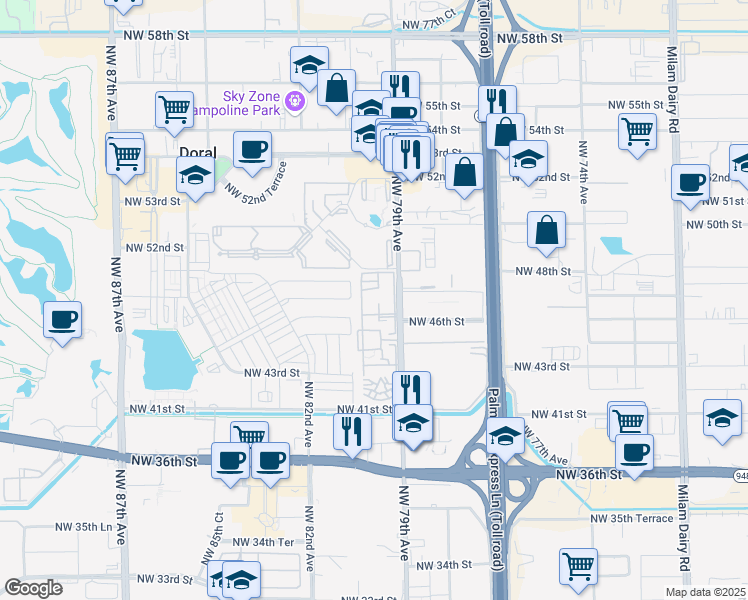 map of restaurants, bars, coffee shops, grocery stores, and more near 4620 Northwest 79th Avenue in Doral