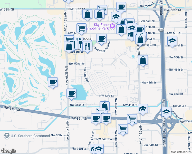 map of restaurants, bars, coffee shops, grocery stores, and more near 4834 Northwest 83rd Avenue in Doral