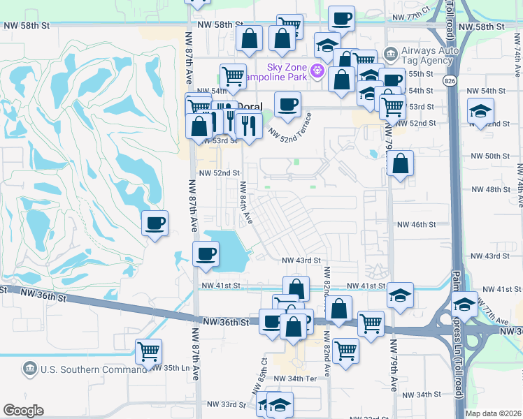 map of restaurants, bars, coffee shops, grocery stores, and more near 4946 Northwest 83rd Path in Doral