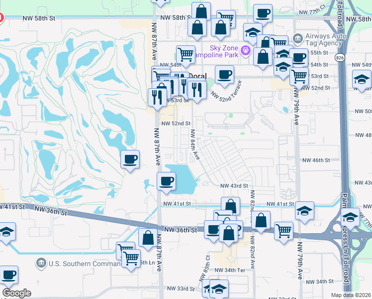 map of restaurants, bars, coffee shops, grocery stores, and more near 8461 Northwest 47th Terrace in Doral
