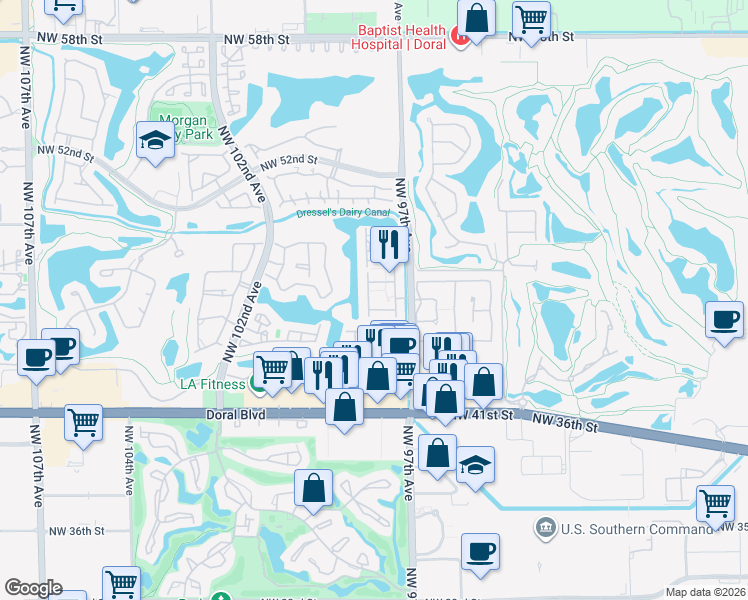 map of restaurants, bars, coffee shops, grocery stores, and more near 9764 Northwest 47th Terrace in Doral