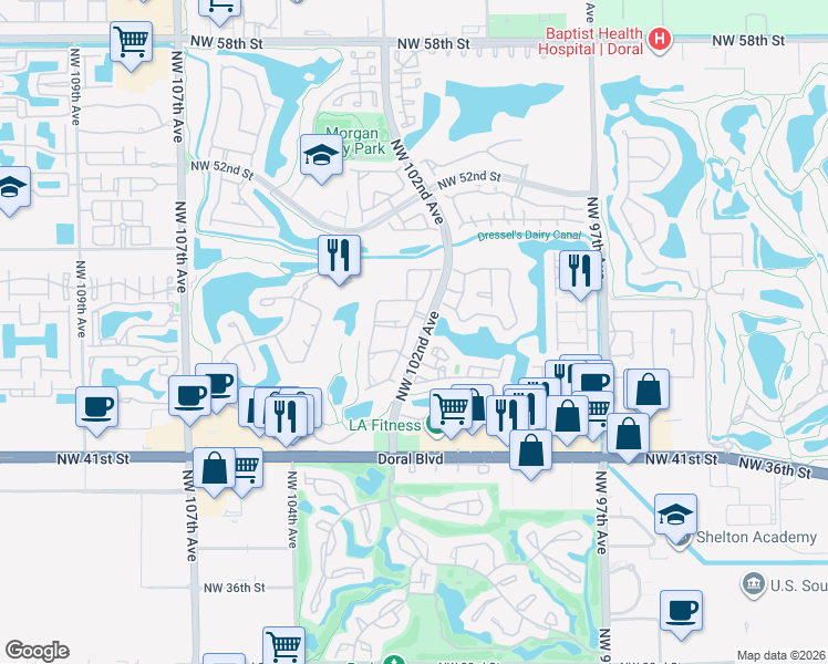 map of restaurants, bars, coffee shops, grocery stores, and more near 4710 Northwest 102nd Avenue in Doral