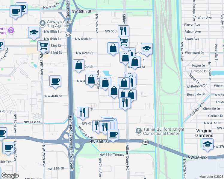 map of restaurants, bars, coffee shops, grocery stores, and more near 4595 Northwest 73rd Avenue in Miami