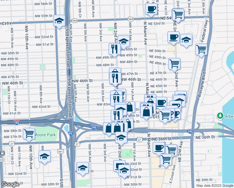 map of restaurants, bars, coffee shops, grocery stores, and more near 231 Northwest 44th Street in Miami