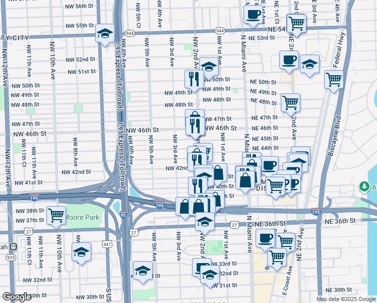 map of restaurants, bars, coffee shops, grocery stores, and more near 231 Northwest 44th Street in Miami