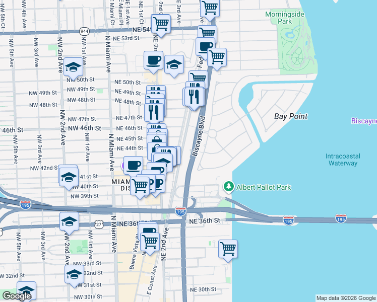 map of restaurants, bars, coffee shops, grocery stores, and more near 19 Federal Highway in Miami