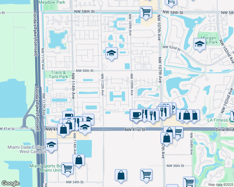 map of restaurants, bars, coffee shops, grocery stores, and more near 4721 Northwest 110th Court in Doral