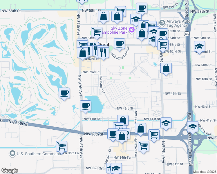 map of restaurants, bars, coffee shops, grocery stores, and more near 4946 Northwest 83rd Path in Doral