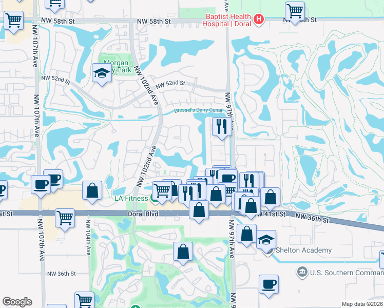 map of restaurants, bars, coffee shops, grocery stores, and more near 4737 Northwest 98th Place in Doral