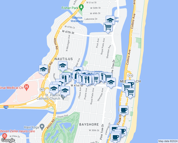 map of restaurants, bars, coffee shops, grocery stores, and more near 4255 Prairie Avenue in Miami Beach
