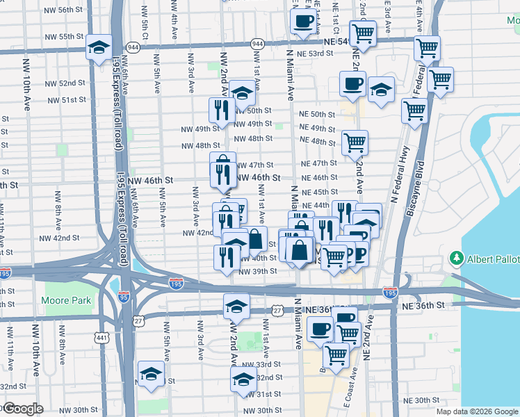 map of restaurants, bars, coffee shops, grocery stores, and more near in Miami