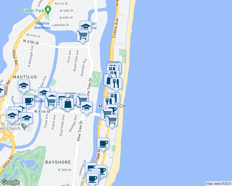 map of restaurants, bars, coffee shops, grocery stores, and more near 4370 Collins Avenue in Miami Beach