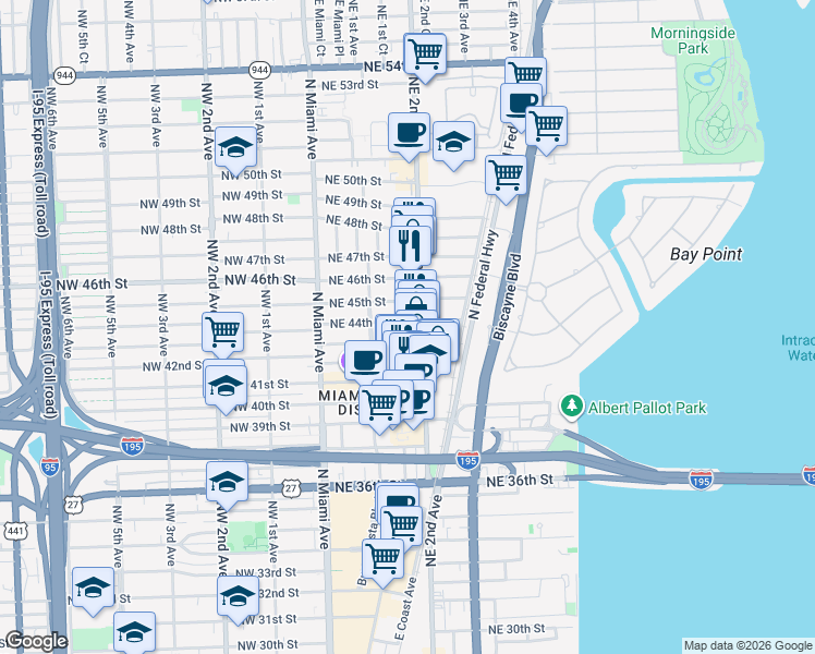 map of restaurants, bars, coffee shops, grocery stores, and more near 4416 Northeast 2nd Avenue in Miami