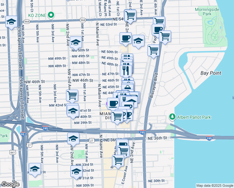 map of restaurants, bars, coffee shops, grocery stores, and more near 121 Northeast 44th Street in Miami