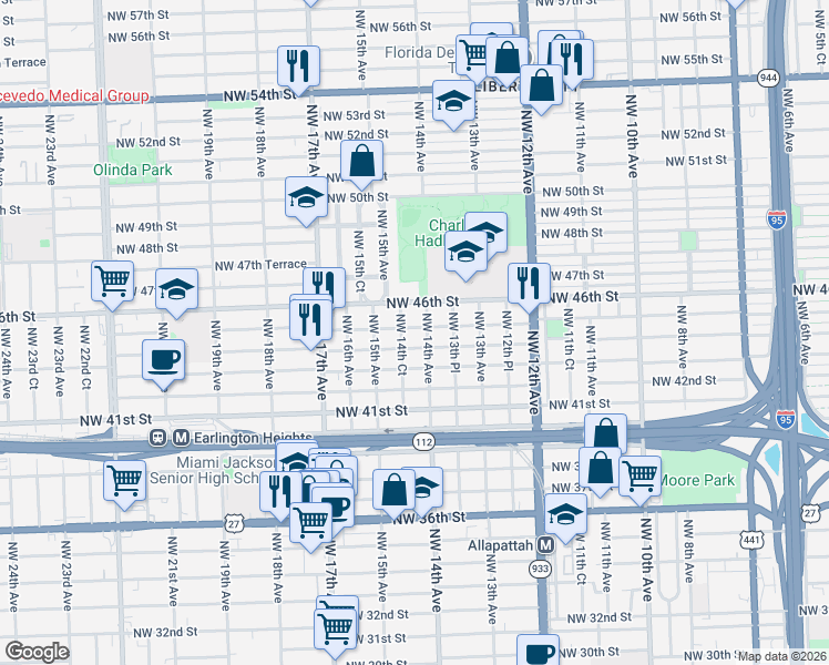 map of restaurants, bars, coffee shops, grocery stores, and more near 1391 Northwest 45th Street in Miami