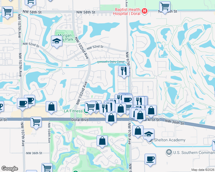 map of restaurants, bars, coffee shops, grocery stores, and more near 4737 Northwest 98th Place in Doral