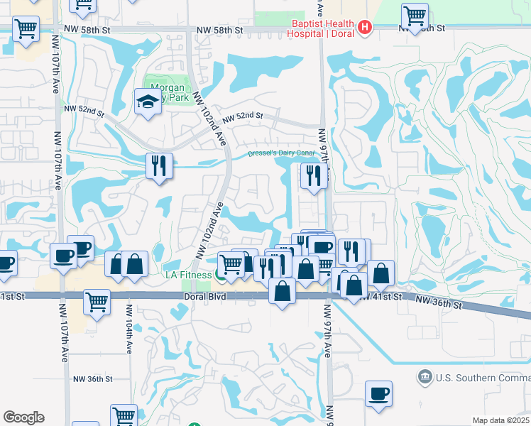 map of restaurants, bars, coffee shops, grocery stores, and more near 3545 Northwest 98th Place in Doral