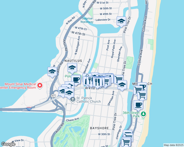map of restaurants, bars, coffee shops, grocery stores, and more near 4244 Chase Avenue in Miami Beach