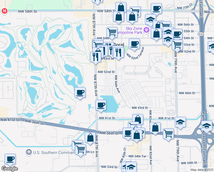 map of restaurants, bars, coffee shops, grocery stores, and more near 8461 Northwest 47th Terrace in Doral